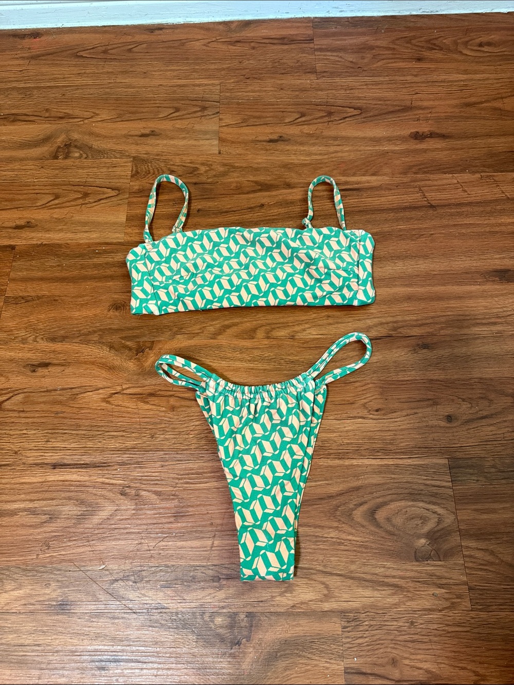 Montce Green and White Geometric Bikini Set